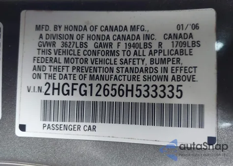 2006 Honda Civic Lx from USA, damaged, VIN 2HGFG12656H533335